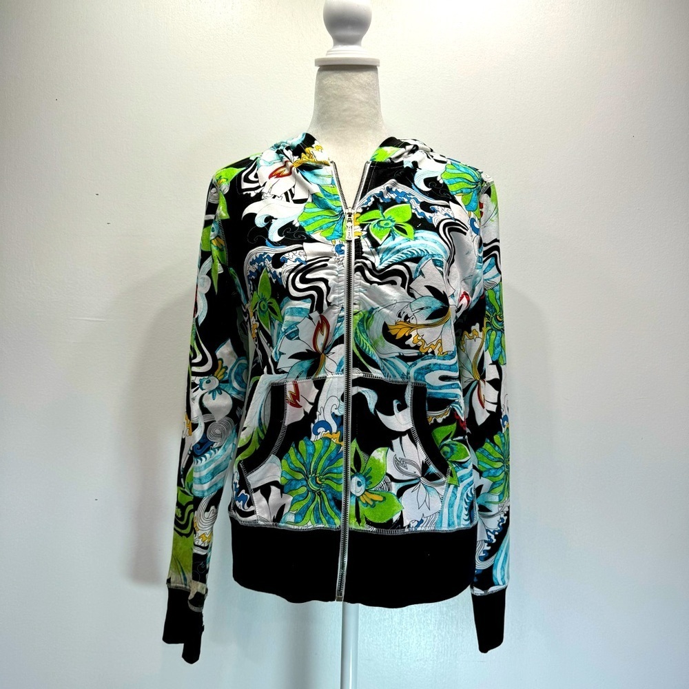 One World Special Issue Y2K 100% Cotton Bold Colorful Floral Print Zip Up Hoodie - Picture 2 of 11
